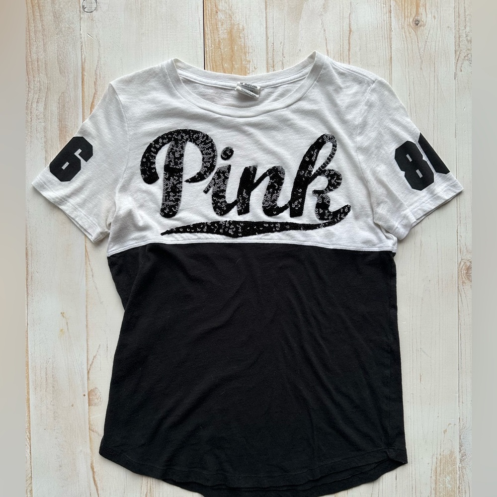 PINK Victoria's Secret White Tee with Sparkling Black Detail - XS